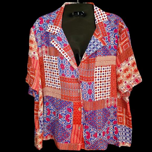 Rose + Olive Red White and Blue Button up Patchwork Boho Blouse XL Large NWT - Picture 4 of 5